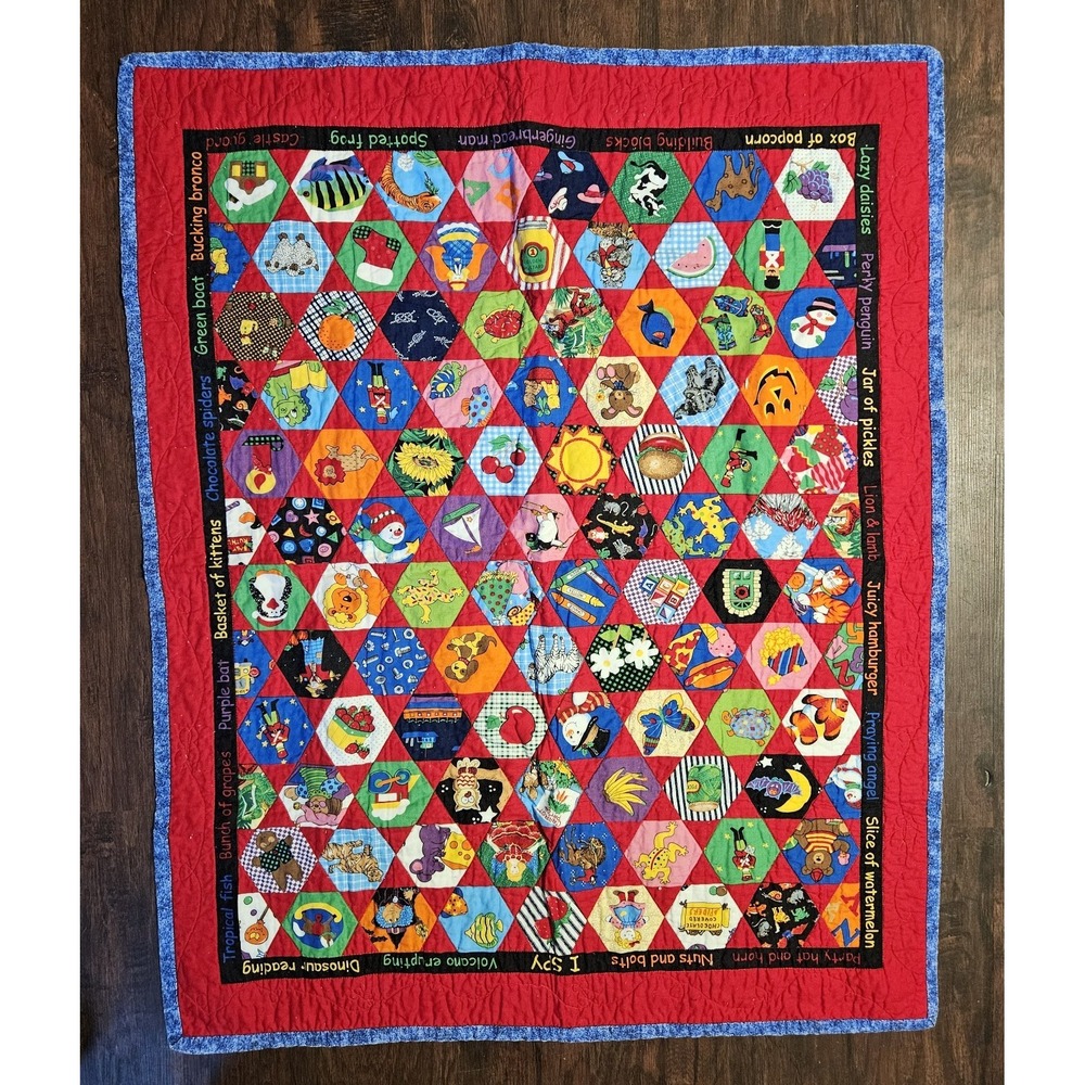 Quilt Patchwork 2002 Handmade 40"‎ X 32" Kids Caps Blanket I Spy